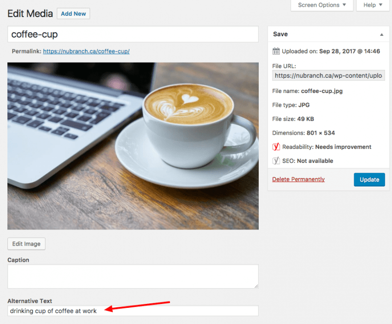 wordpress add alt text to image